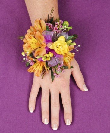 Yellow, Purple and Orange Wrist Corsage