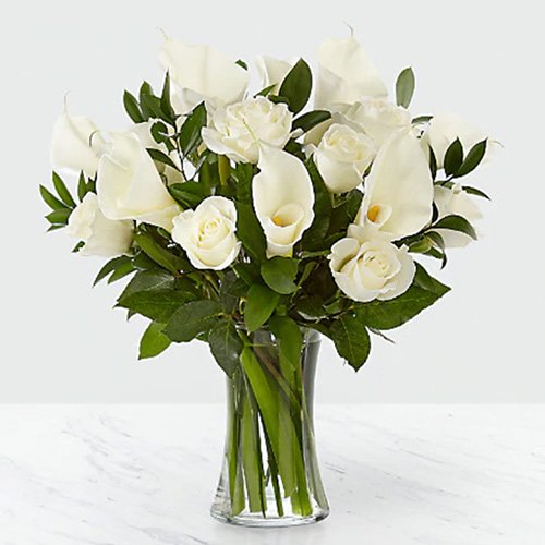 Dozen White Roses & 10 White Calla Lilies in a Vase