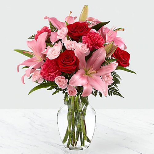 Pink & Red Roses, Lilies & Carnations in a Vase