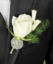 Load image into Gallery viewer, Single White Rose and Petals Boutonniere